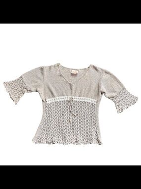 Vintage 90s Santika Peru Boho Crochet Knit Top Cotton V Neck Empire Waist Medium